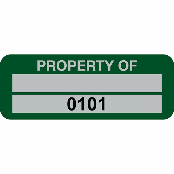 Lustre-Cal Property ID Label PROPERTY OF 5 Alum Green 2in x 0.75in 1 Blank Pad & Serialized 0101-0200, 100PK 253740Ma2G0101